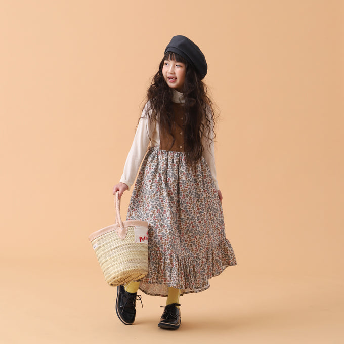 Popelin ポペリン<br>コーデュロイエプロンワンピース フラワー柄<br>Mod.34.2