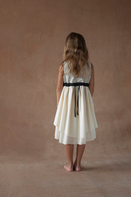 Popelin ポペリン<br>Black striped short dress with crossover front<br>Mod.45.3