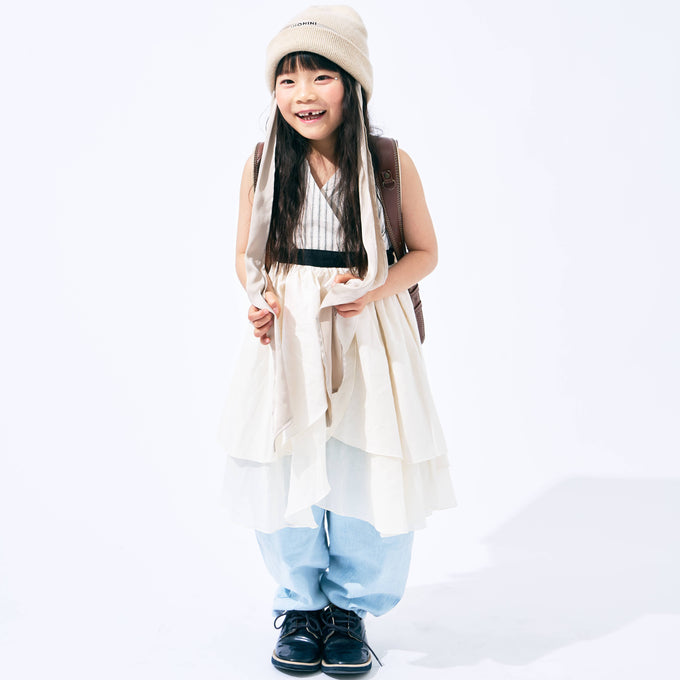 Popelin ポペリン<br>Black striped short dress with crossover front<br>Mod.45.3