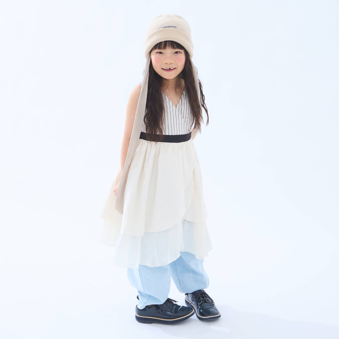 Popelin ポペリン<br>Black striped short dress with crossover front<br>Mod.45.3
